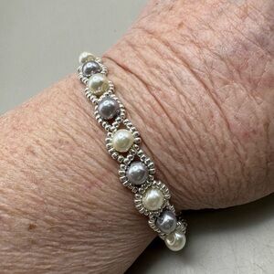 Classic Two-Tone Pearl and Silver Halo Bracelet